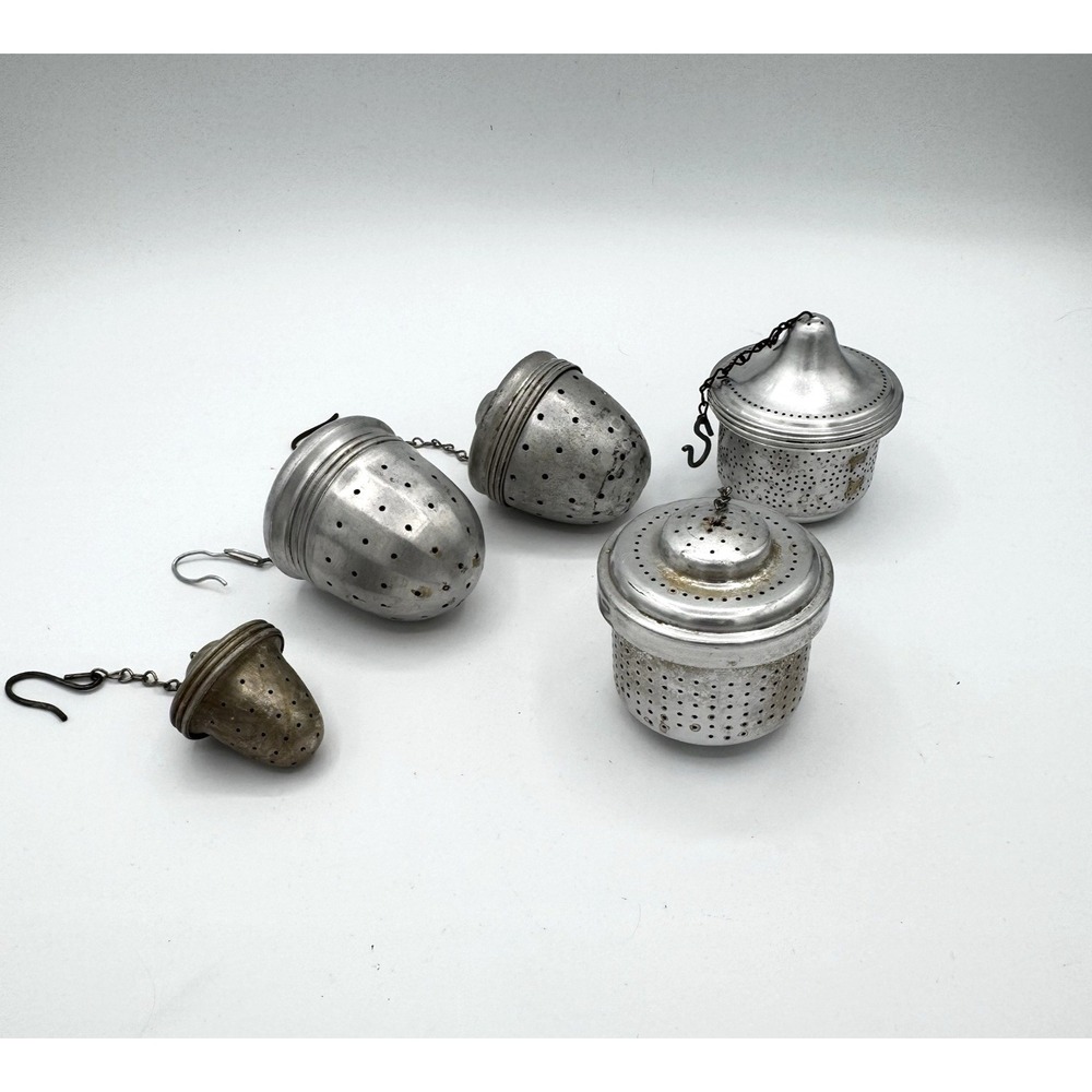 Vintage Lot of 5 Aluminum Loose Tea Leaf Steepers Strainers Infusers Hook Chain
